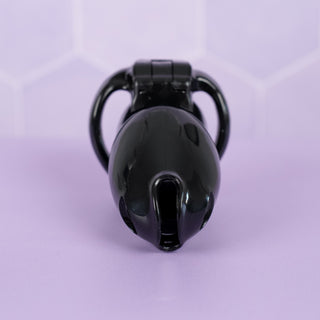 A front on view of the HT V4 chastity cage, you can see the solid black colour and air and urination holes.
