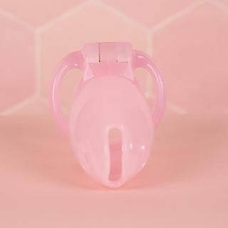 A front on view of the fully assembled HT V4 Maxi chastity cage in pink.