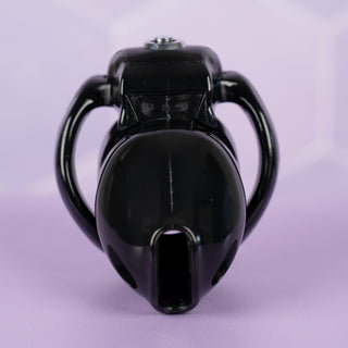 A front facing view of the HT V5 Nano chastity cage, it is shown here in black.