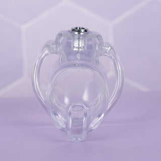 A front facing view of the HT V5 Nano chastity cage, it is shown here in transparent.