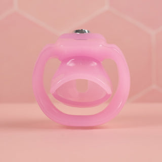 A rear view of the HT V5 Nub Pink chastity cage.