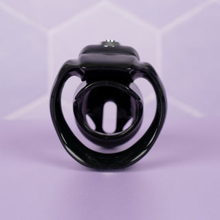 A rear view of the HT V5 chastity cage, you can see the shape of the base ring from this angle.