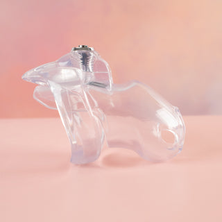 Side profile of the transparent HT V5 small chastity cage.