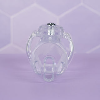 A front on view of the HT V5 chastity cage in transparent, you can see the air and urination holes built into the cage.