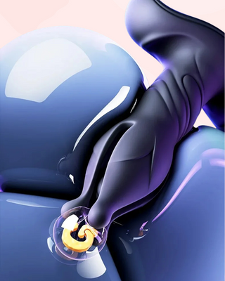 The Bloom Burst Dilator giving a view of being inserted, the bubble is to show that the toy will stretch, thrust and vibrate.