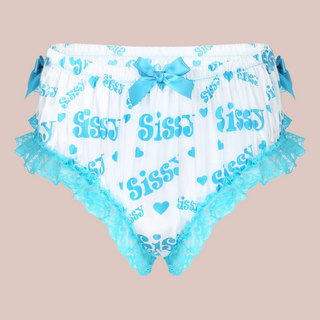 Satin High Waist Knickers with a Sissy and love heart motif carried throughout the white fabric in pink. There is blue  lace detailing edging the legs, along with blue satin decorative bows placed strategically over the garment. This is the from view.