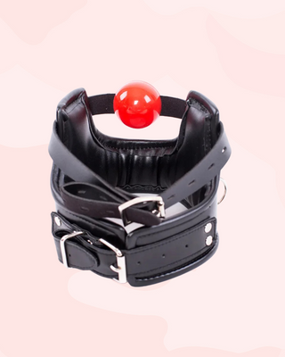 A rear view of the high necked collar, you can see the neck and head buckles, the interior of the gag and the red silicone ball.
