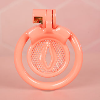 A front view of the Inverted Sissy Pussy Chastity Cage, Design 1 has a mesh and labia shape centre.