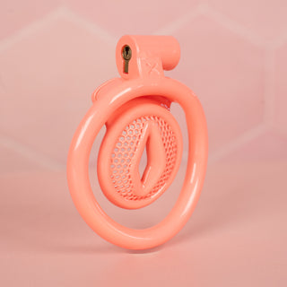 An angled view of the chastity cage, you can see how the cage hooks into the back of the base ring and is then locked in place with the integral lock.