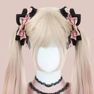 The model and wig display the two hair clips, you can see the two bow colour effect, extra bows and hanging pendant.