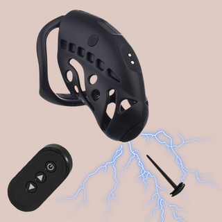 The Sevanda Nautilus E-stim chastity cage from House Of Chastity is shown here, at the top is the cage fully assembled, bottom left is the removable urethral insert and bottom right is the remote control.