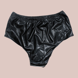 A front view of the bikini style latex panties, you wouldn't know that there was an anal plug inside.