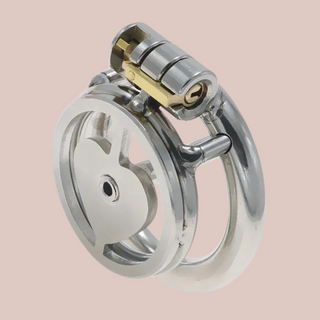 The Lock My Heart chastity cage shown fully assembled with the base ring and integral lock in place.