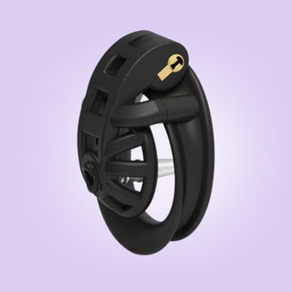 The Mamba Micro Positive with urethral tube is shown from a side view, the cage is fully assembled with all components shown.