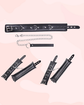 Showing all elements included in the set, collar, lead, wrist cuffs, and ankle cuffs.