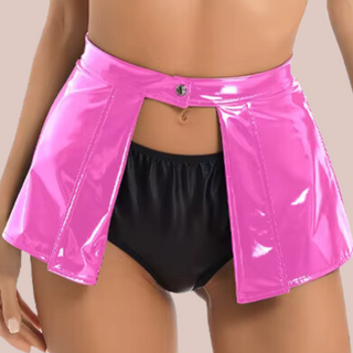 The Open Front Patent Leather Mini Skirt shown being modelled.