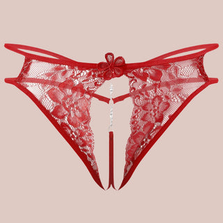 The Open Front Floral Lace G-String panties shown in red.