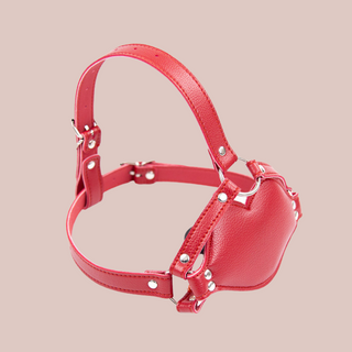 A bright red PVC dildo head gag, you can see from the image how the gag fits around the head, it has adjustable straps and a dildo is attached to the inside of the mouth gag.