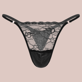 A front view of the patchwork panties, they have a lace top panel and black  bottom panel.