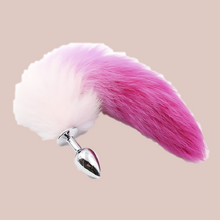 Showing the pink and white fox tail with stainless steel butt plug.