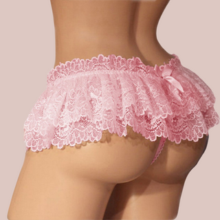 A rear view of the pink ra ra skirted style panties, you can see the thong to the rear and bare cheeks.