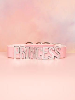 The pale pink leather collar with silver lettering shown from the front view