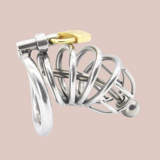 A standard sized metal chastity cage with a lovely smooth circular ring design, a metal urethral tube runs through the centre which is detachable and when the cage is fixed to the base ring, the padlock can be affixed to the cage and locked in place.