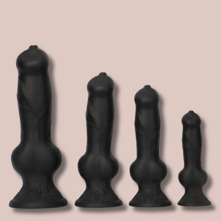 All 4 sizes of The Knot And Veined Dildo Available, showing from left to right, medium, large, x-large and xx-large