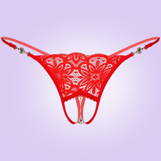 These rhinestone g-string panties in red are designed for all sexes, they have a pretty lace front open bases and a decorative hanging diamanté pendant.