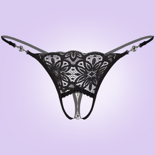 These rhinestone g-string panties in black are designed for all sexes, they have a pretty lace front open bases and a decorative hanging diamanté pendant.