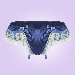 A front view of the satin and lace tanga panties in blue, you can see the ruched roomy front and delicate lace edging.