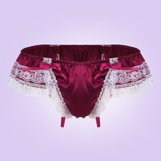 A front view of the satin and lace tanga panties in red wine, you can see the ruched roomy front and delicate lace edging.