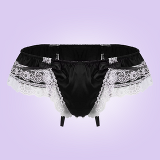 A front view of the satin and lace tanga panties in black, you can see the ruched roomy front and delicate lace edging.
