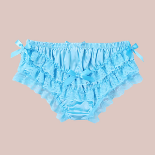 The rear of the satin soft panties you can see the lace layering to the rear and ruffled effect.