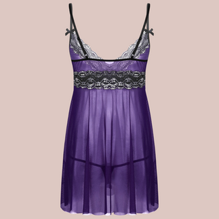 The rear view of the purple see through nightdress, you can see the lace detailing is carried  through to the back and you can see the matching thong panties.