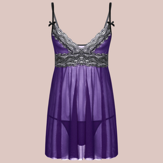 The pink see through night dress and matching thong panties, iyou can see the deep purple colour that is complemented by the black lacing.