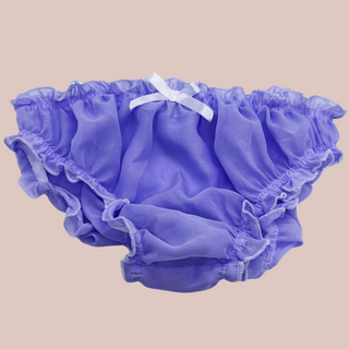 A close up of the lilac panties, the image shows the silky soft fabric and the depth of colour, these panties are see through.