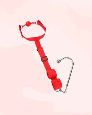 An angled view of the red Shadowbound Harness, you can see the ball gag, adjustable strap, wrist cuffs and anal hook.