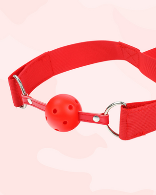 A close up of the ball gag and head strap.