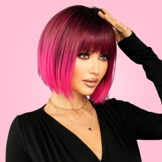 A side view of the wig, the model has set the wig in position to create a full fringe and for the bob to sit comfortably.