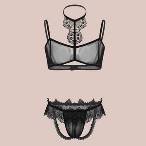 Front view of the sheer mesh bra with lace halterneck and matching mesh and lace jock strap style panties.