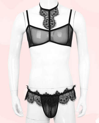The Sheer Lace Mesh Bra Top and Panties shown being modelled on a mannequin.