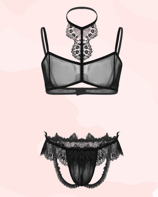 Front view of the sheer mesh bra with lace halterneck and matching mesh and lace jock strap style panties.