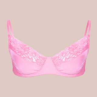 The Silk bra with lace edging, you can see how the bra is made up of a silk fabric base and a half silk, half lace cup.
