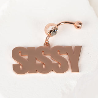 A close up of the sissy navel piercing in rose gold.
