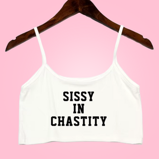 The sissy in chastity crop top shown here in white with black logo