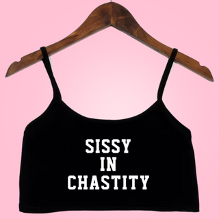 The sissy in chastity crop top shown here in black with a white logo