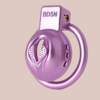 The purple Sissy Pussy BDSM chastity cage in purple, it is shown here fully assembled.