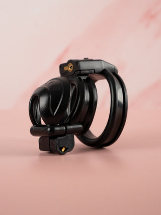 A side on view of the slaver nub chastity cage.