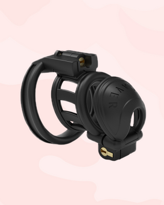 The Slaver Small shown fully assembled from an angled view, you can see the double lock placement. This chastity cage comes with a selection of base rings